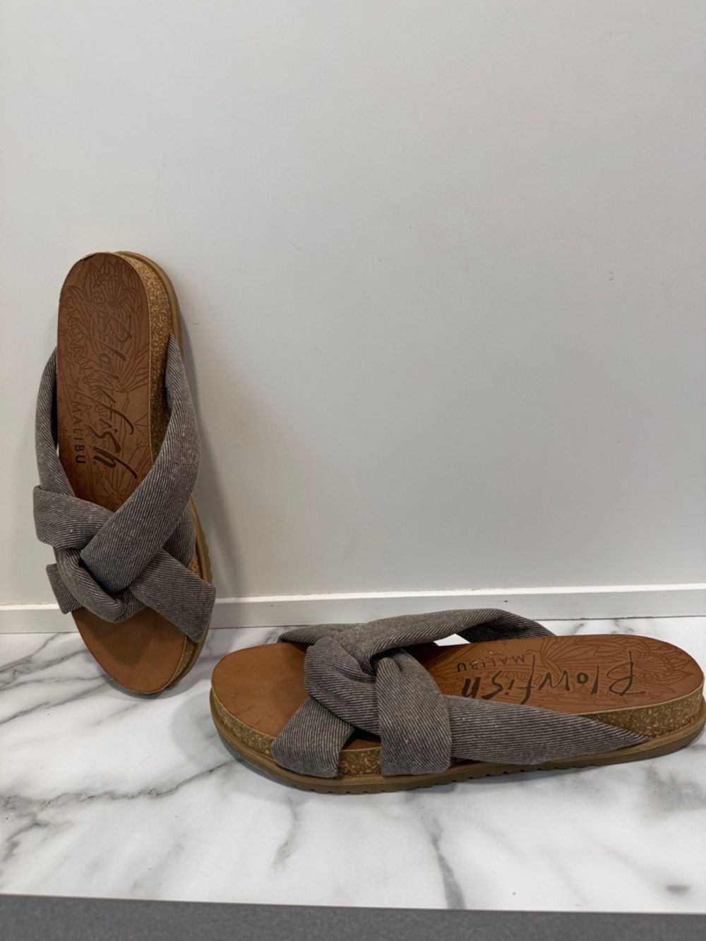 Blowfish Malibu Fanci sandals in a grey smoked twill color women’s size 10